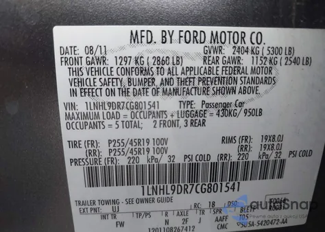 2012 Lincoln Mks z USA, uszkodzony, nr VIN 1LNHL9DR7CG801541